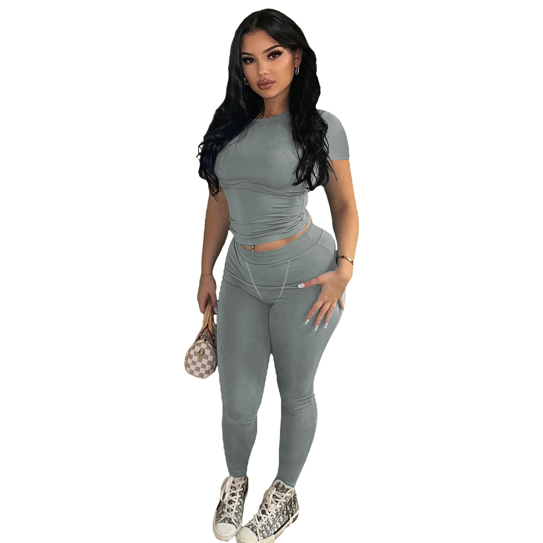 Women Sexy Solid Short Sleeve Top and Pant Two-piece Set 21