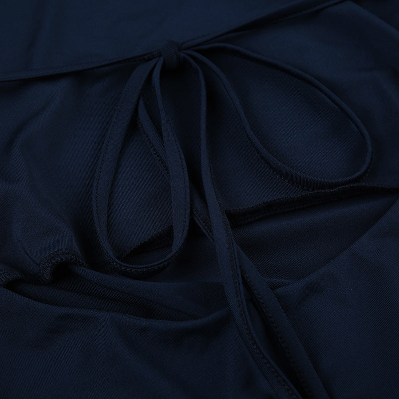 Women's Chic Solid Color Pleated Off-Shoulder Sexy Low-Back Lace-Up Waist Mini Dress 22