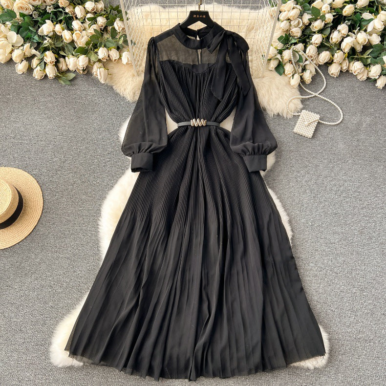 Spring Women's Bow Pleated Chiffon Puff Sleeve Long Dress 7