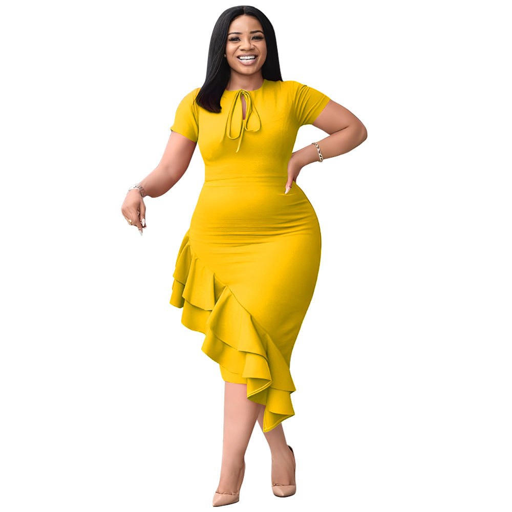 fashion Plus Size women's sexy Casual tie neck ruffle bodycon dress 9