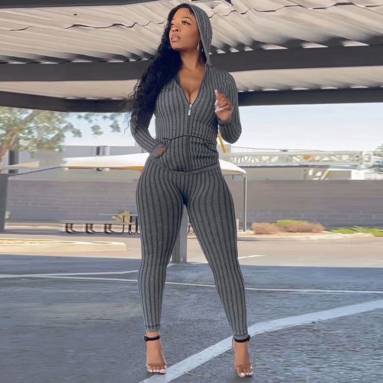 Women Sexy Stretch Ribbed Hooded Top and Pant Two-piece Set 3