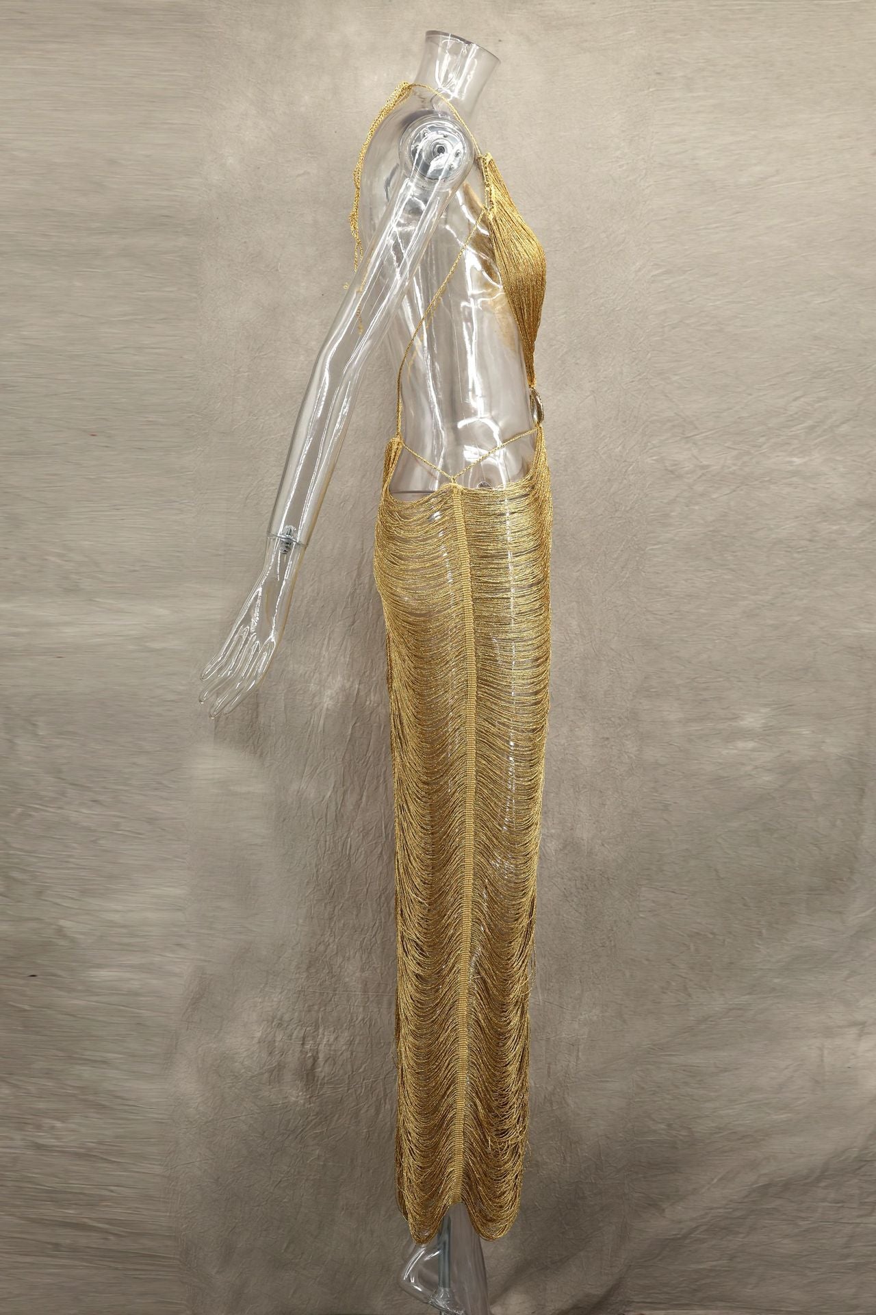 Spring Summer Fashion Shell Tassel Halter Neck Lace Up Sexy Slimming Adjustable Long Dress 11