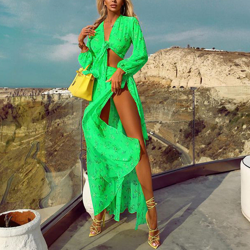 Fall Women Sexy Printed Lace-Up Shirt And Split Skirt Two Piece 6