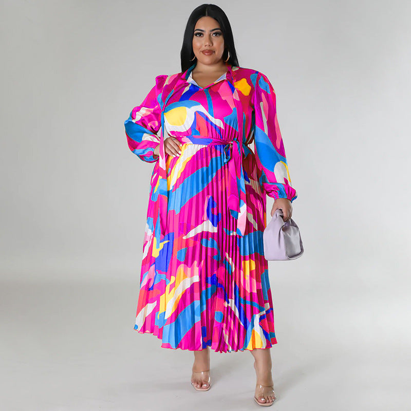 Plus Size Women Lace-Up Long Sleeve Printed Pleated Dress 26