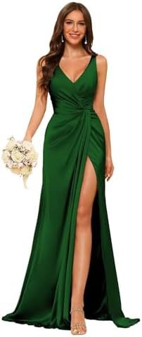 Women's Strap V-Neck Bridesmaid Dress Sleeveless Satin High Slit Prom Dress（Processing time need 3-6 days） 29