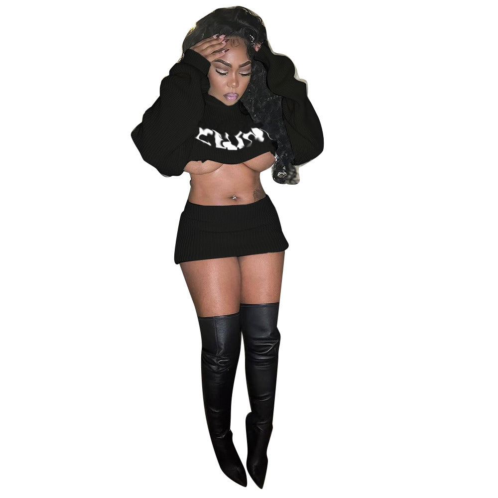 Women Autumn and Winter Sexy Embroidery Long Sleeve Crop Top and Skirt Two-piece Set