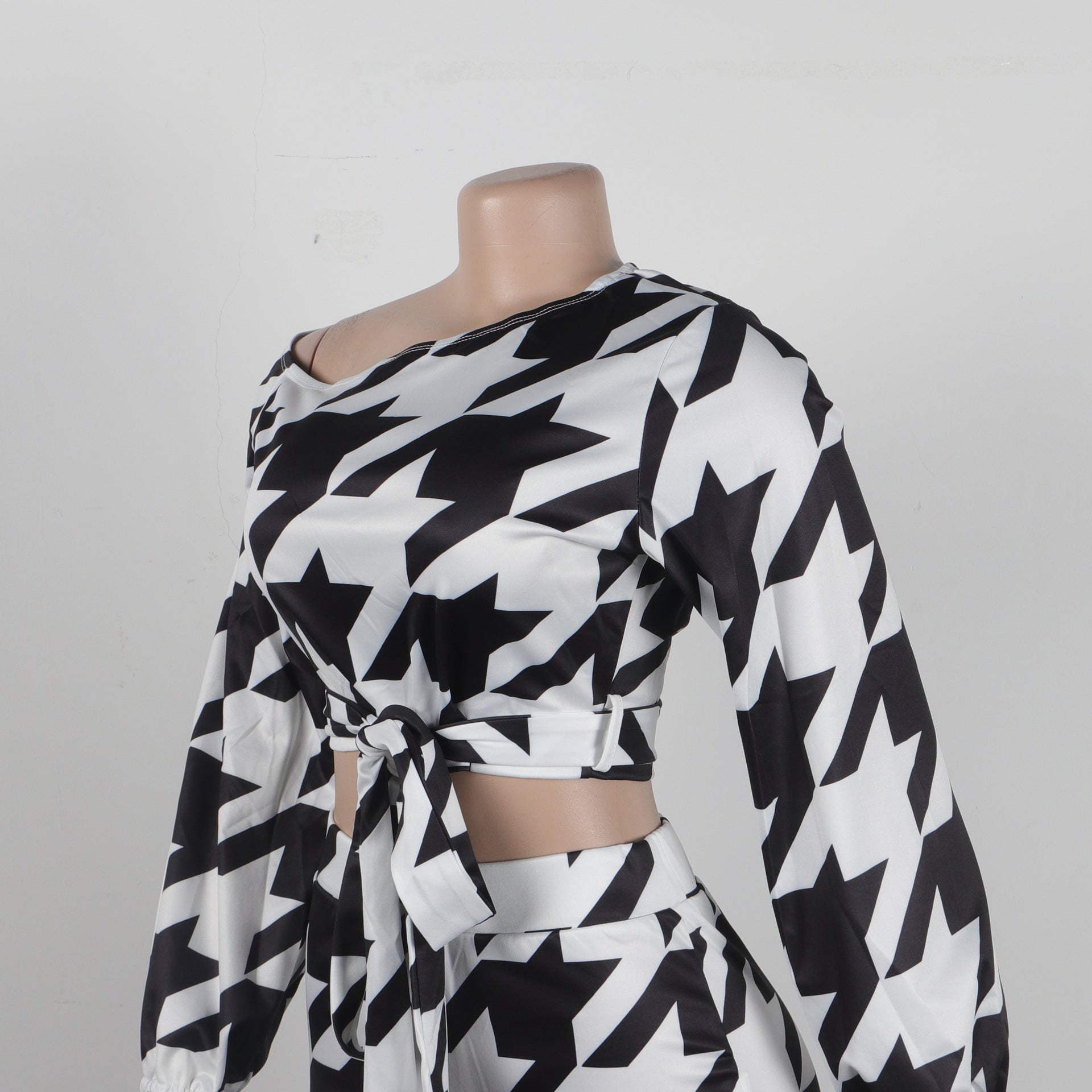 Women Printed Plaid Lace-Up Slash Shoulder Top and Pant Two-piece Set 14