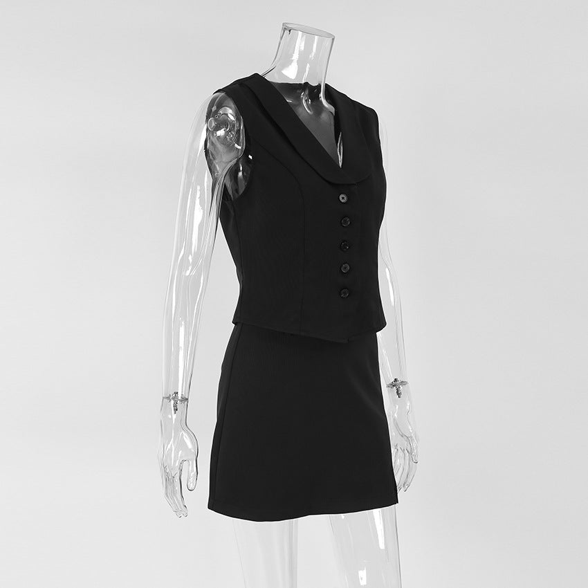 Spring Black Chic Sleeveless Vest & Slim Bodycon Short Skirt Set Fashion Two-Piece Set for Women 7