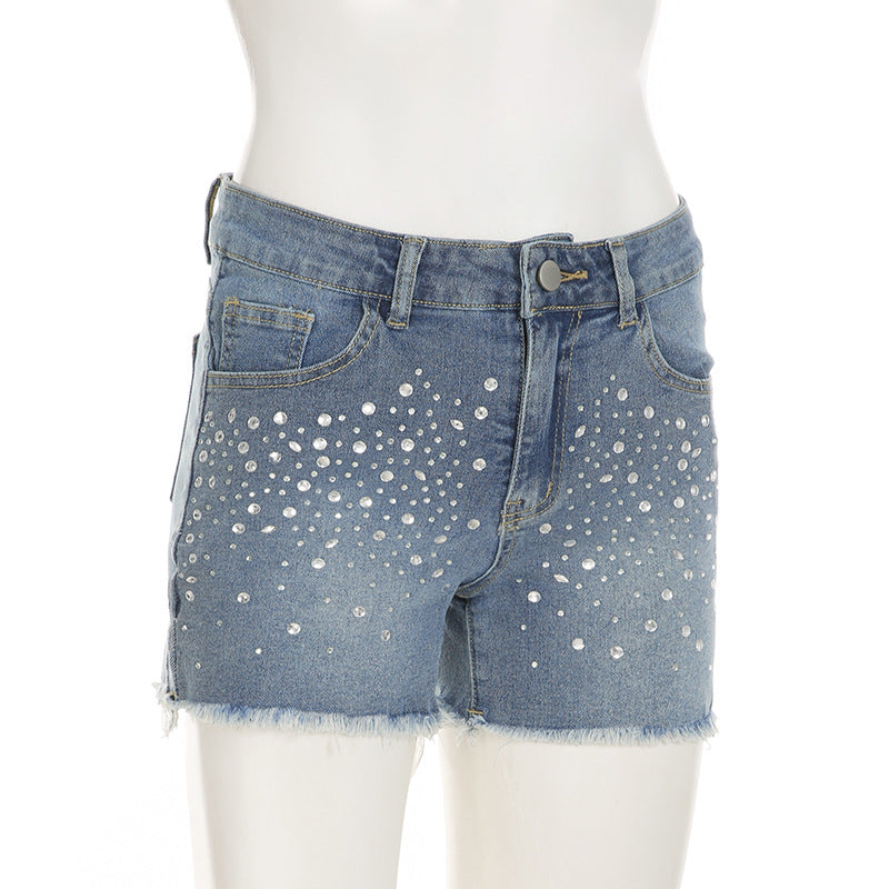 Women Style Beaded Street Raw Edge Washed Denim Shorts 7