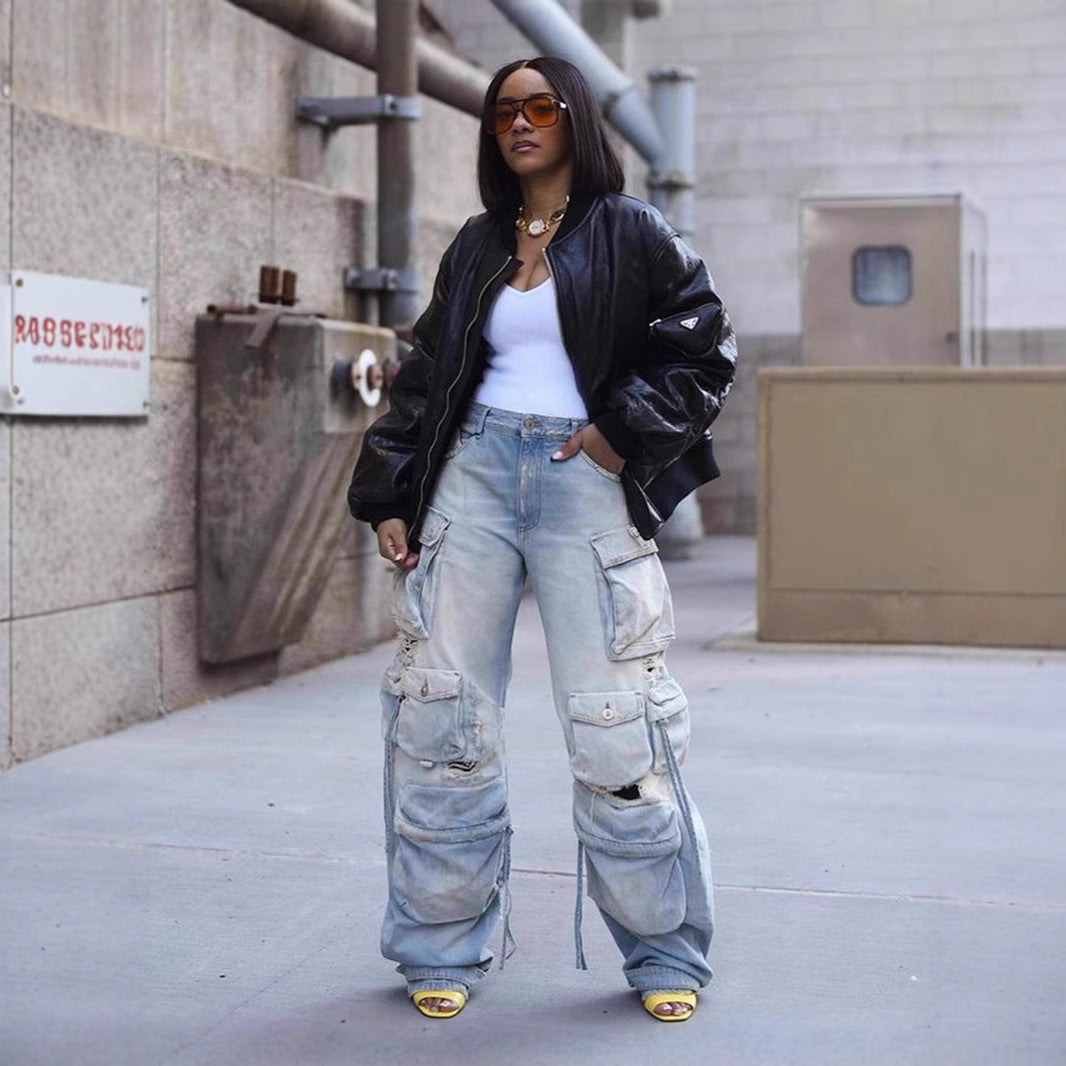 Trend Women's Casual Fashion Multi-Pocket Ripped Cargo Denim Pants