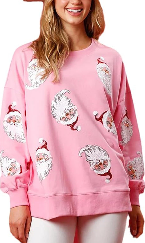 Autumn And Winter Christmas Round Neck Loose Sequin Women T-Shirt 9