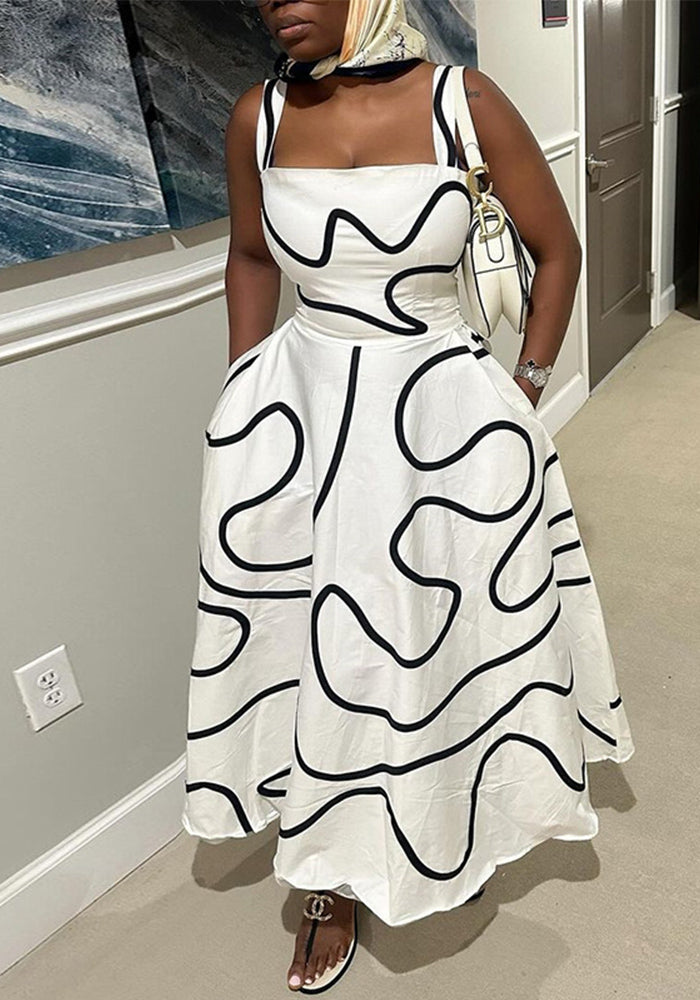 Women's Summer Fashion Strap Square Neck Printed Slim Waist A-Line Dress