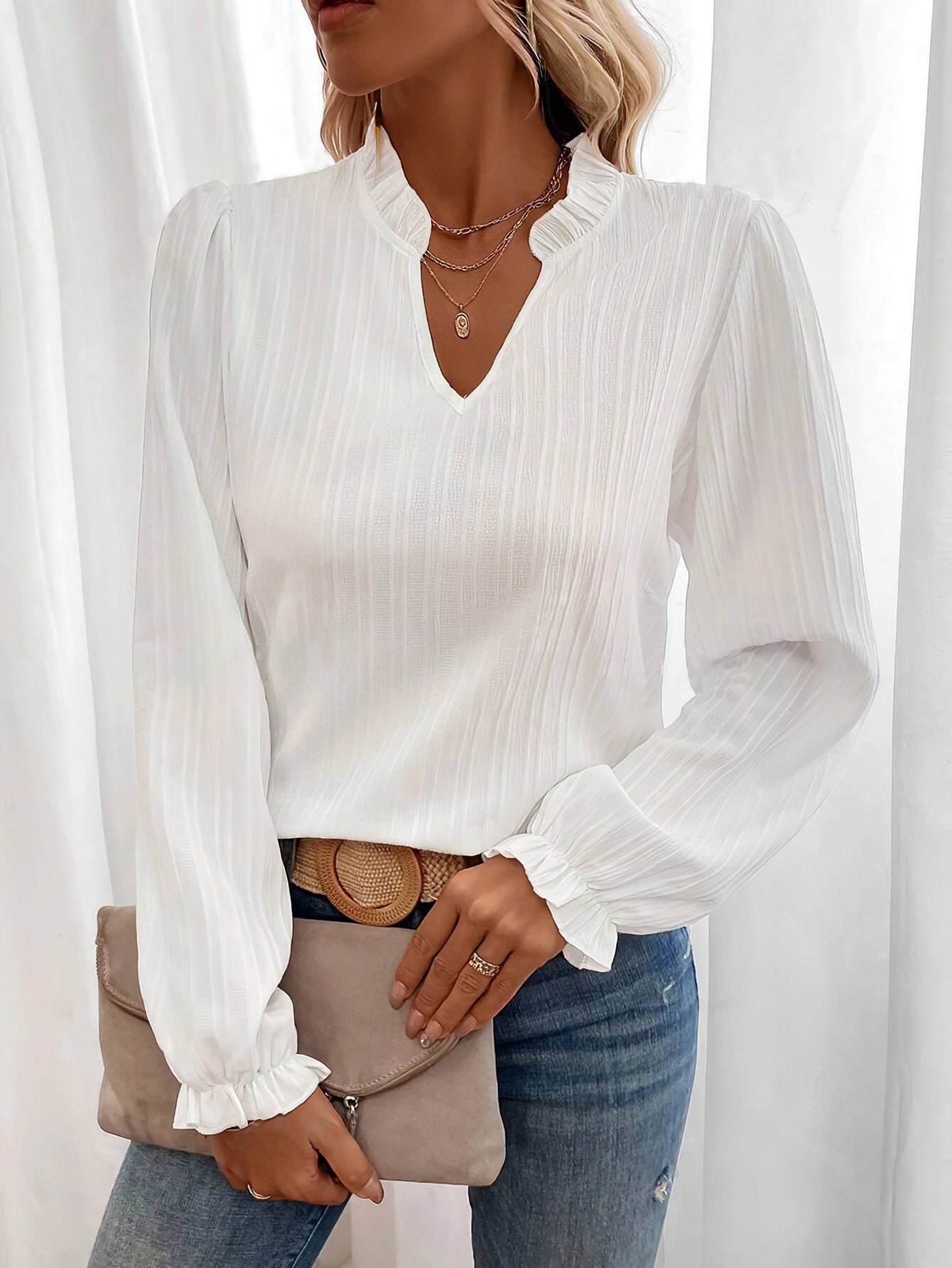 Women V-Neck Bell Bottom Sleeve Long Sleeve Shirt 4