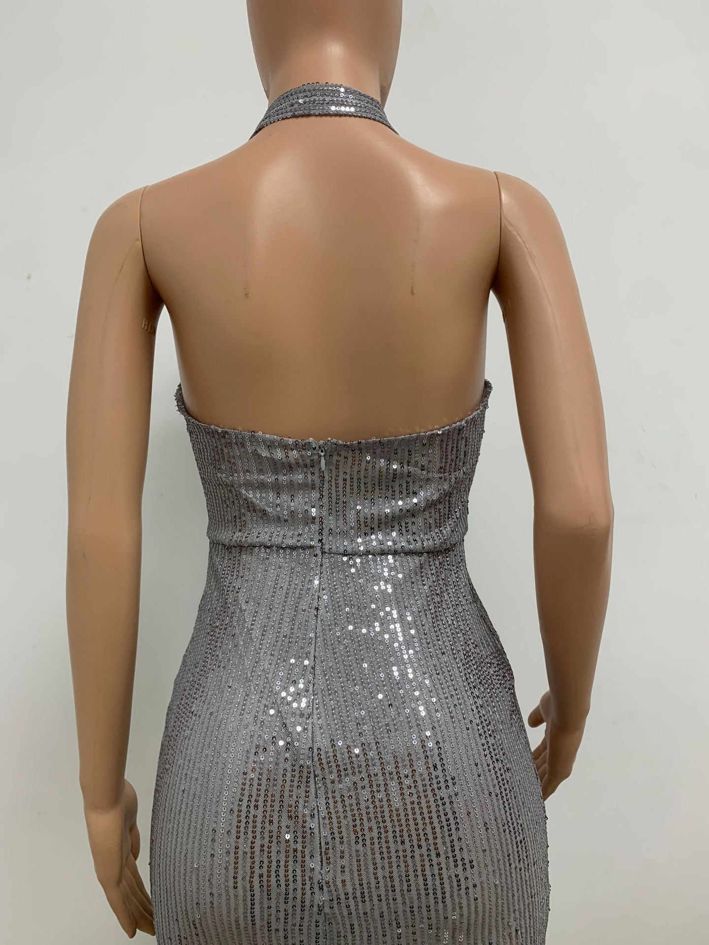 Women Sleeveless Halter Neck Backless Sequin Slit Evening Dress 75