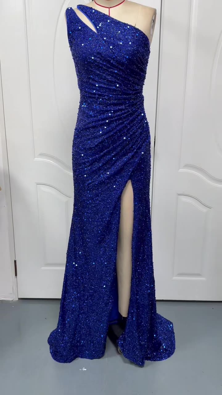 Women sexy one-shoulder slash shoulder sequined evening dress（Tie-Straps） 12
