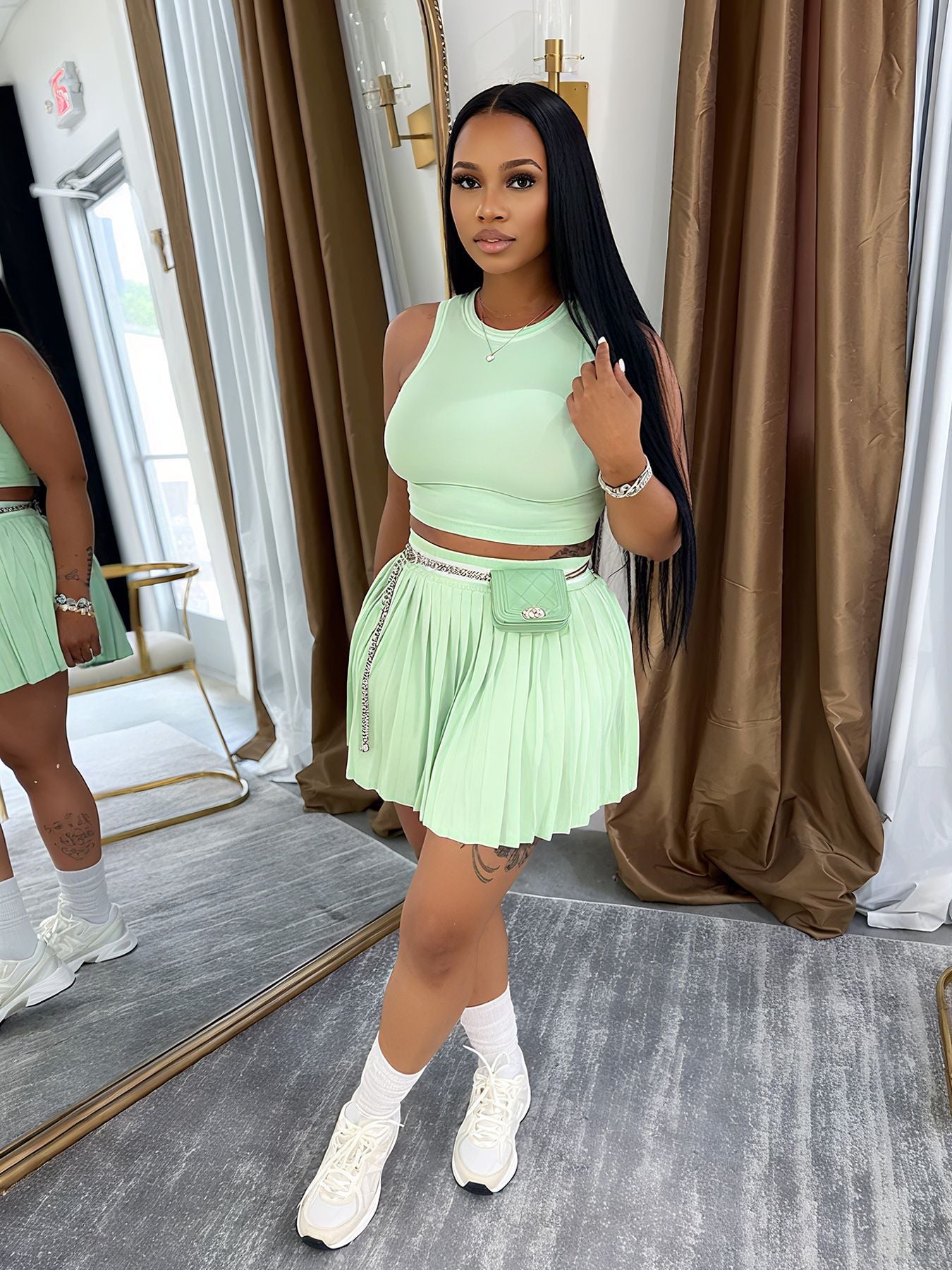 Women's Sleeveless Pleated Vest and Skirt Casual Set 15