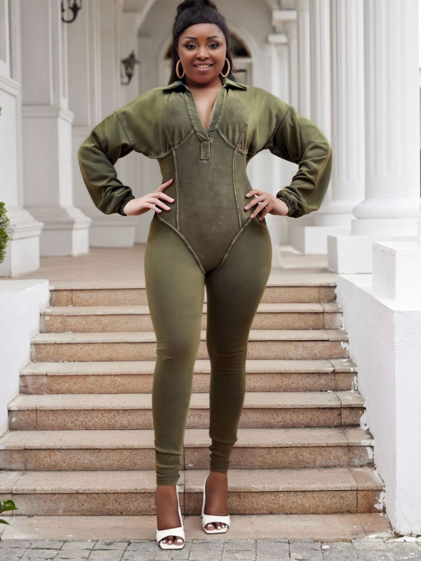 Plus Size Fashion Women Denim Washed Sexy Deep V Tight Fitting Long Sleeve Jumpsuit 4