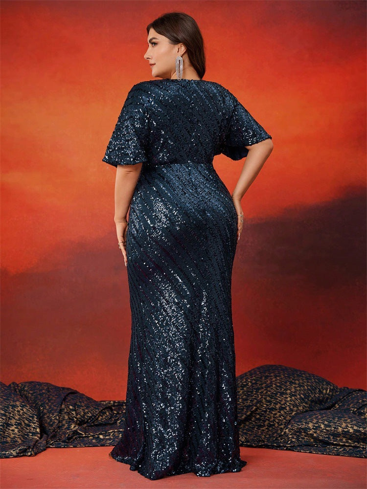 Plus Size Women Gorgeous Sequin V Neck Short Sleeve Dinner Elegant Fishtail Party Evening Dress 3