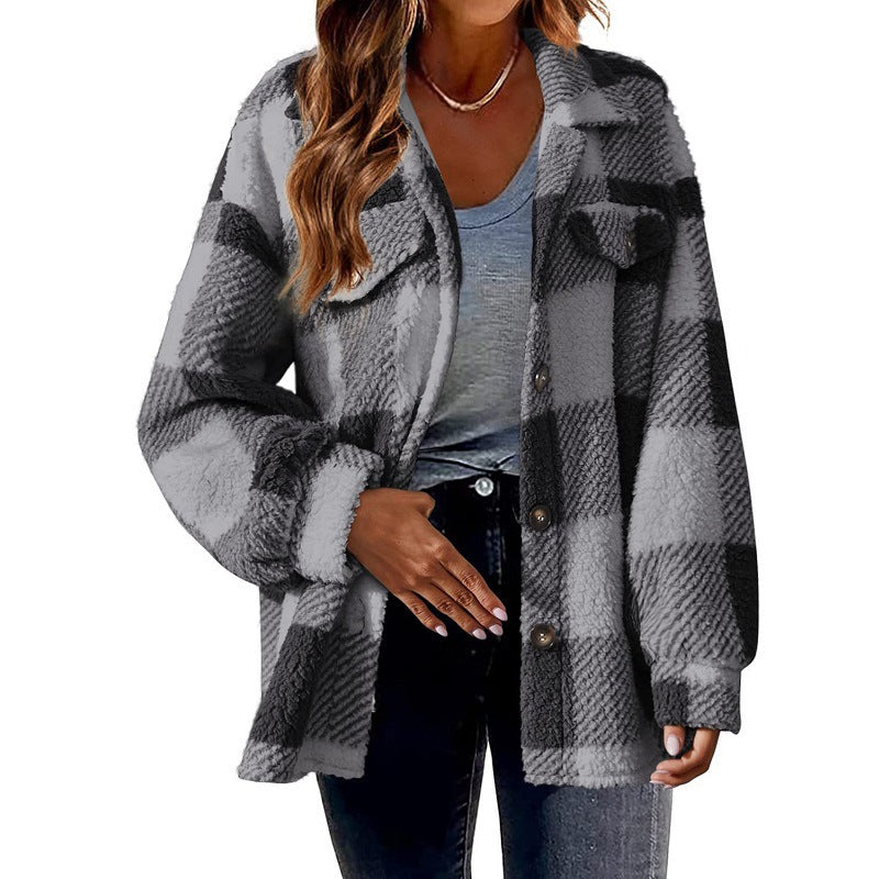 Women Autumn and Winter Pocket Plaid Sherpa Jacket Button Plush Jacket 13