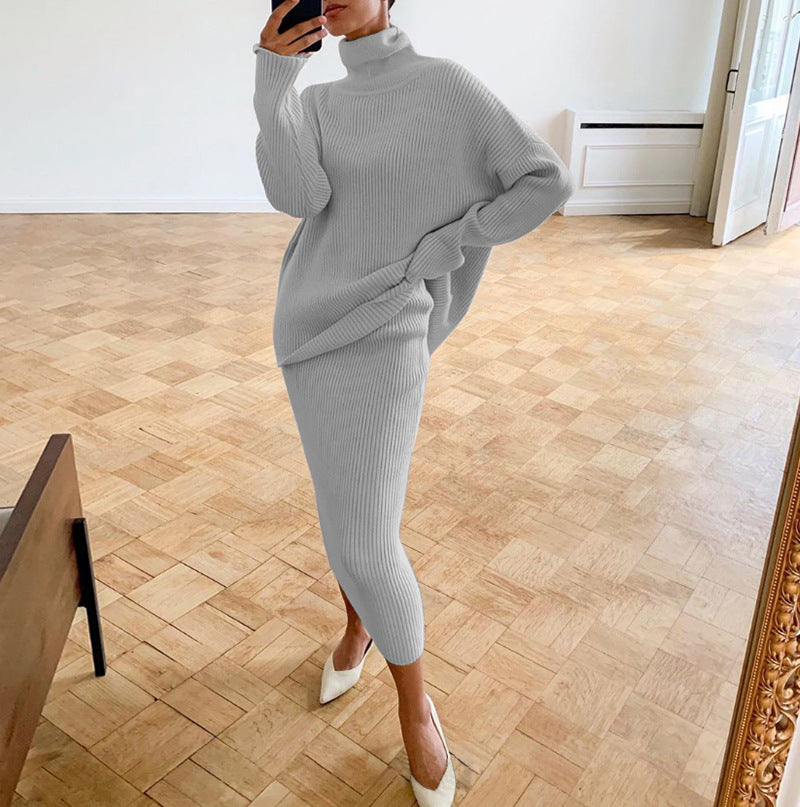 Women turtleneck Loose-Cut sweater and skirt two-piece set 3