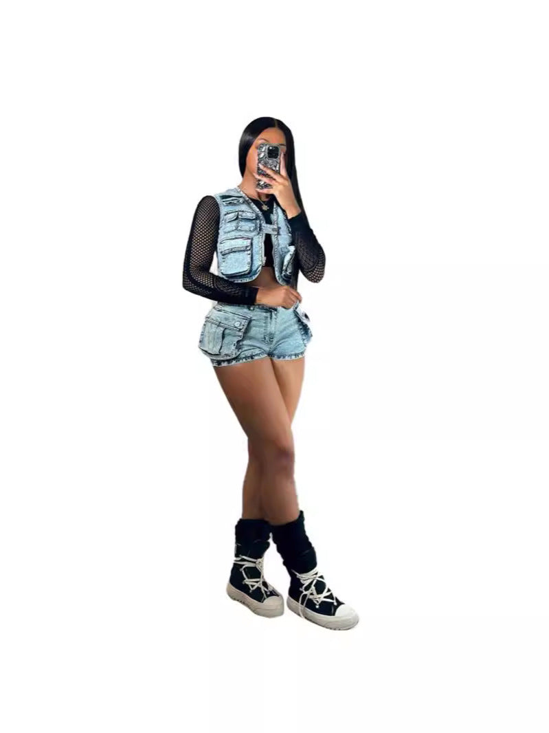 Women Multi-Pocket Vest and Casual Shorts Stretch Two-piece Set 4