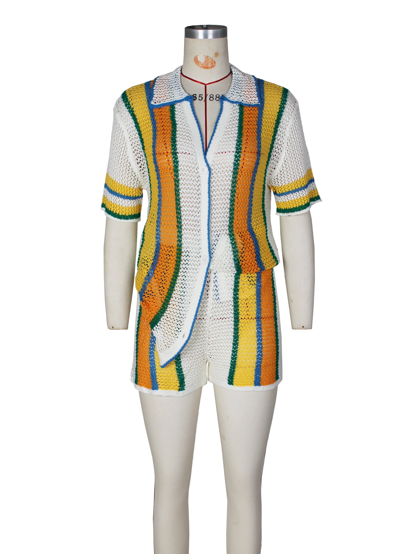 Women's Sexy Hollow Turn-Down Collar Knit Shorts Set 7