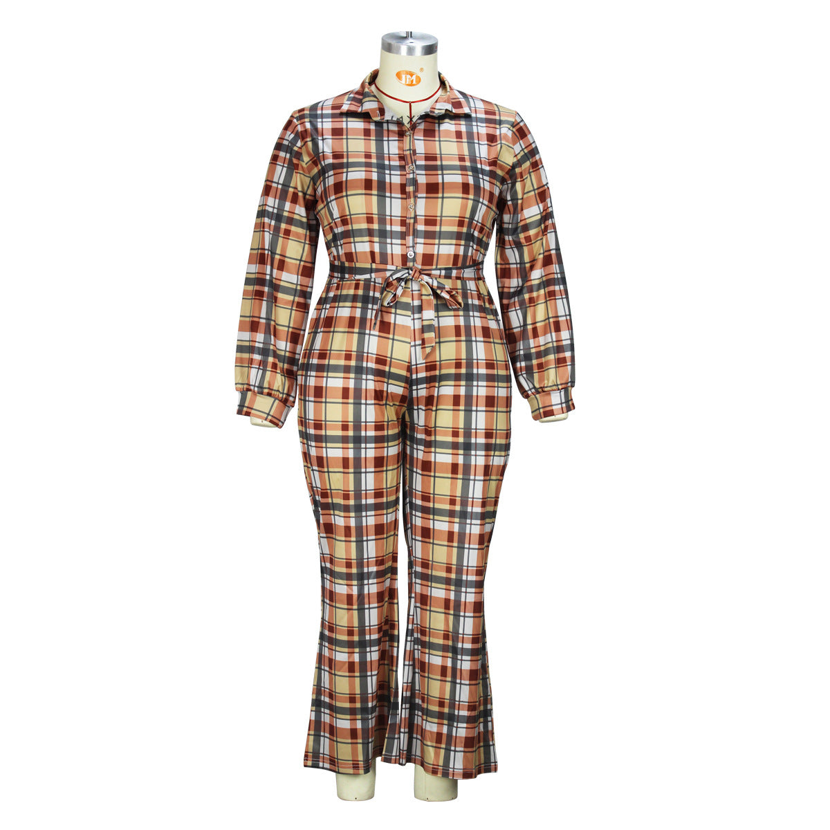 Plus Size Women's Autumn Fashion Long Sleeve Plaid Print Casual Jumpsuit 9
