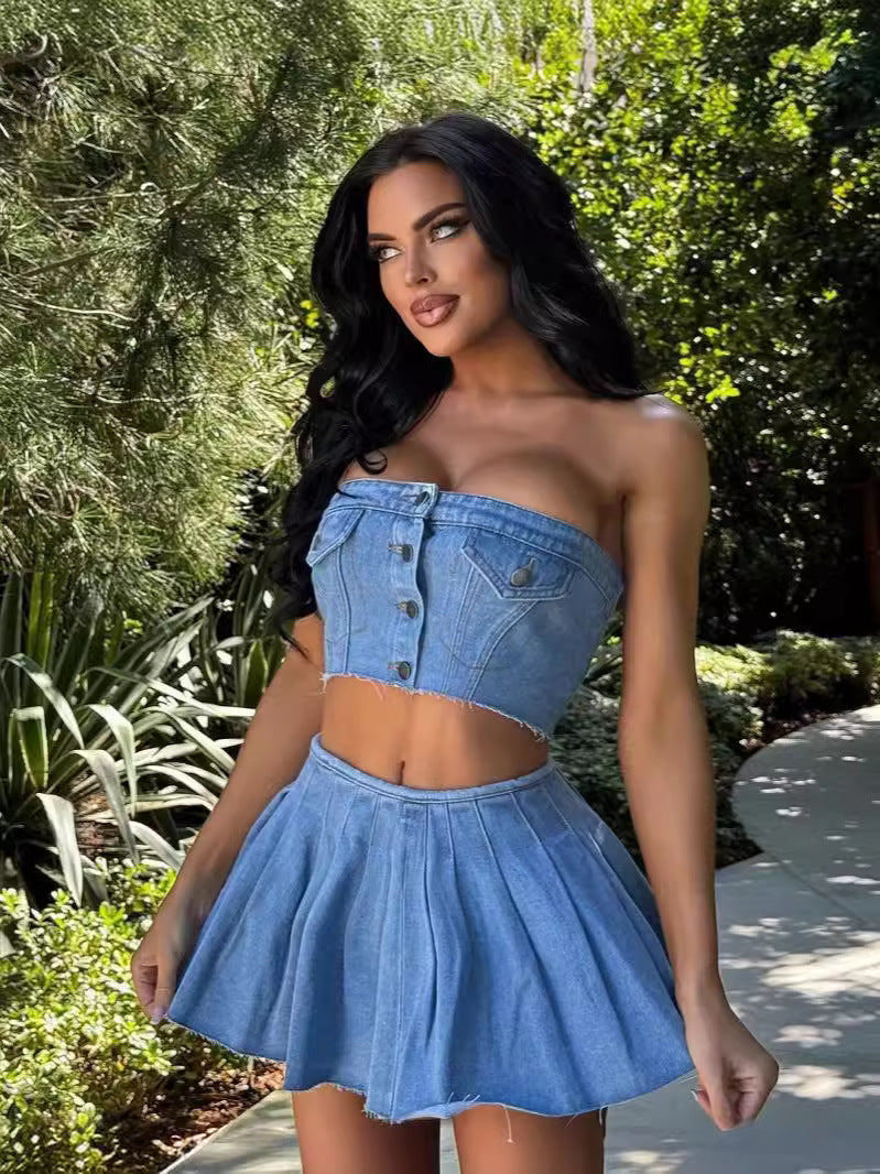 Women elastic chest button Top and Denim split Skirt 2-piece set 3