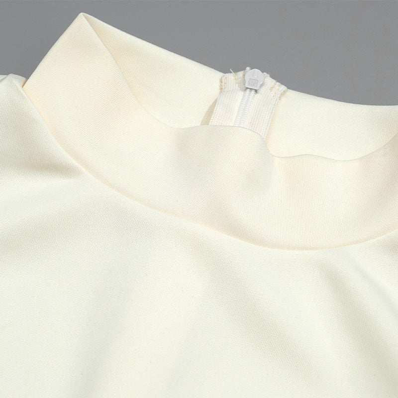 Spring Solid Color Round Neck Fashion Feather Patchwork Short Slim Dress 6