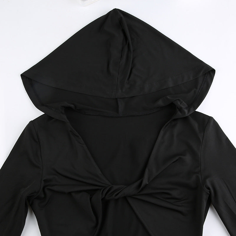 Women Casual Solid Hooded Long Sleeve Knot Jumpsuit 14