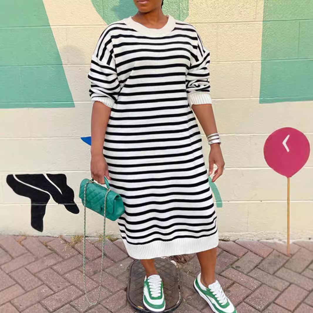 Autumn Winter Women's Fashion Striped Round Neck Plus Size Knitting Loose Long Dress 3