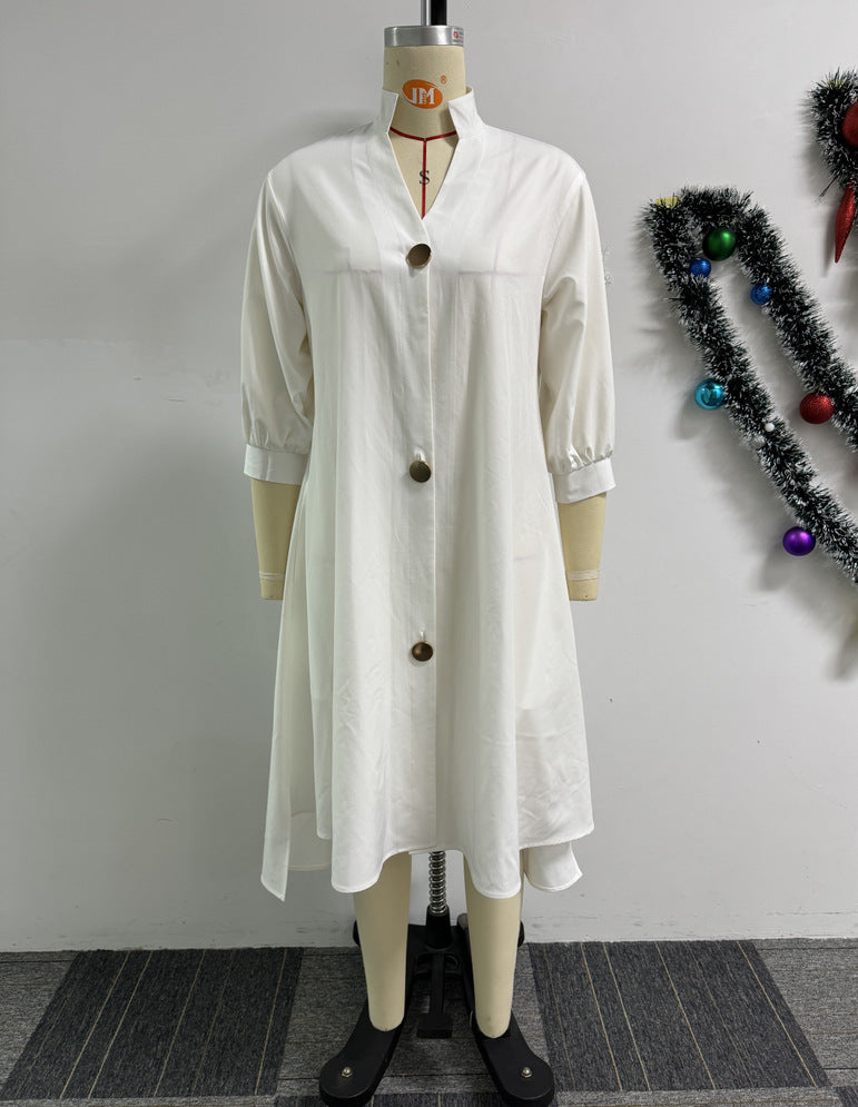 Women Solid Irregular Lantern Sleeve Dress 9