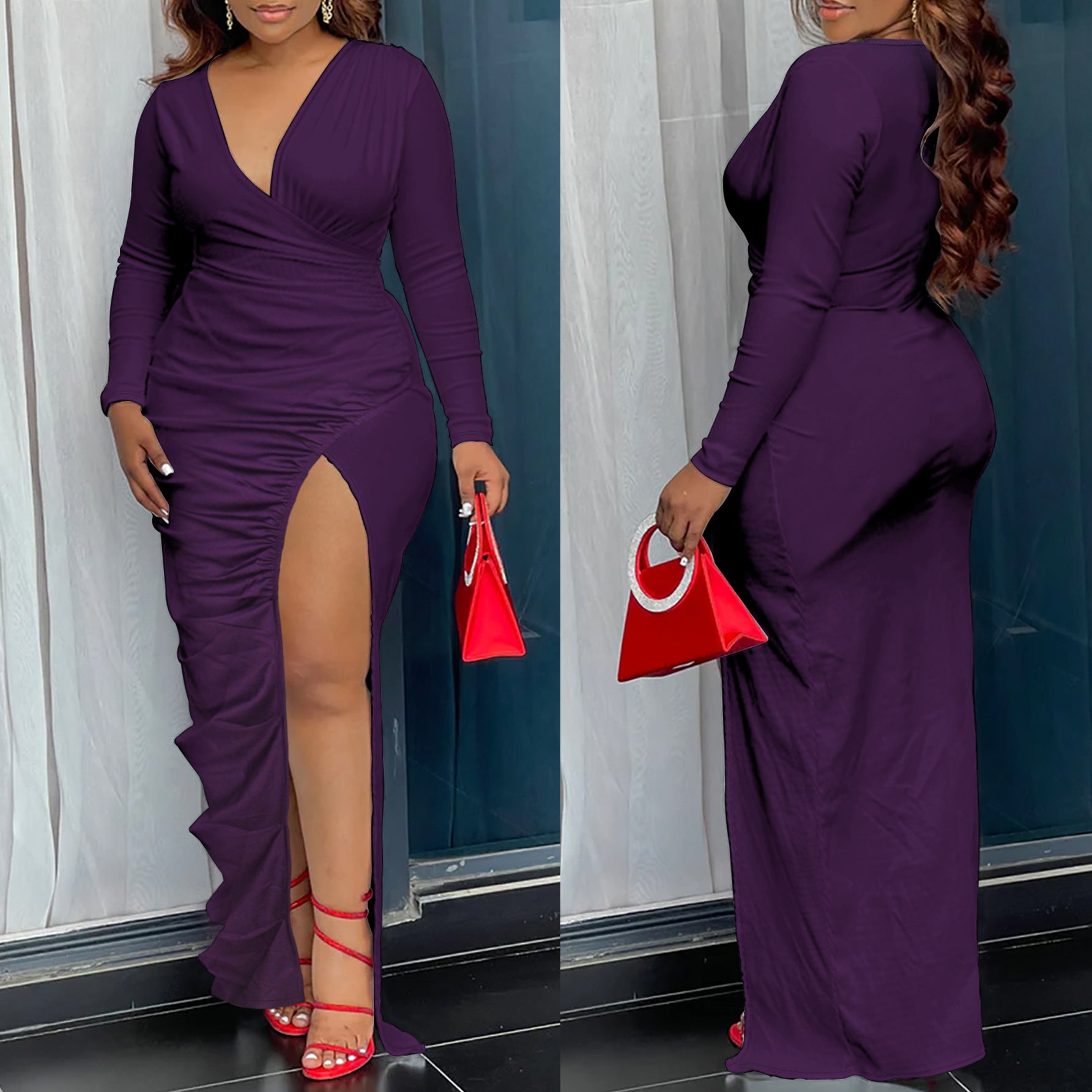 Spring Autumn Women's Fashion Trend V-Neck Elegant Casual Slim Dress 3