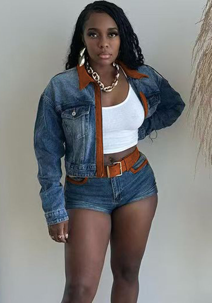 Color Block Patchwork Long Sleeve Stretch Denim Shorts Set