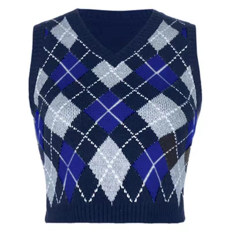 Women Solid Plaid Sleeveless V-Neck Sweater 13