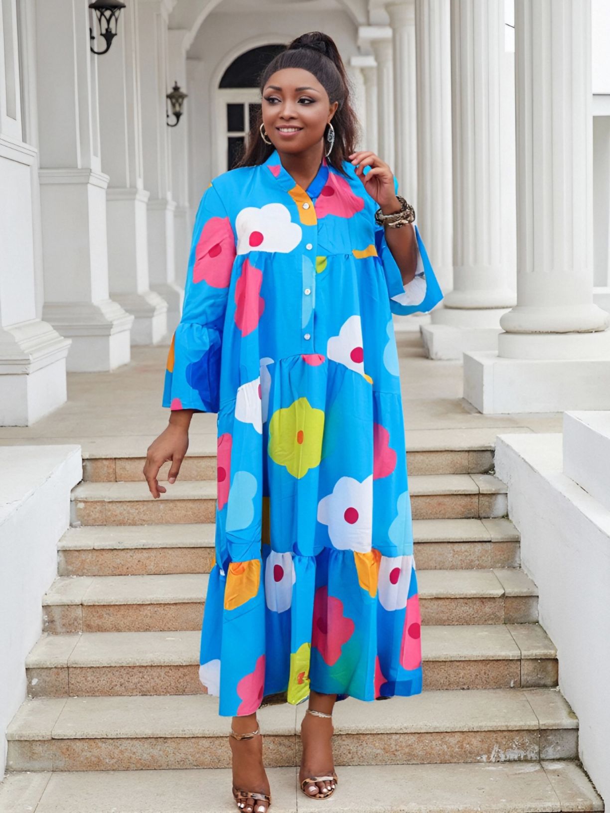 Women Casual Print Patchwork Multi-Color Long Sleeve Dress 5