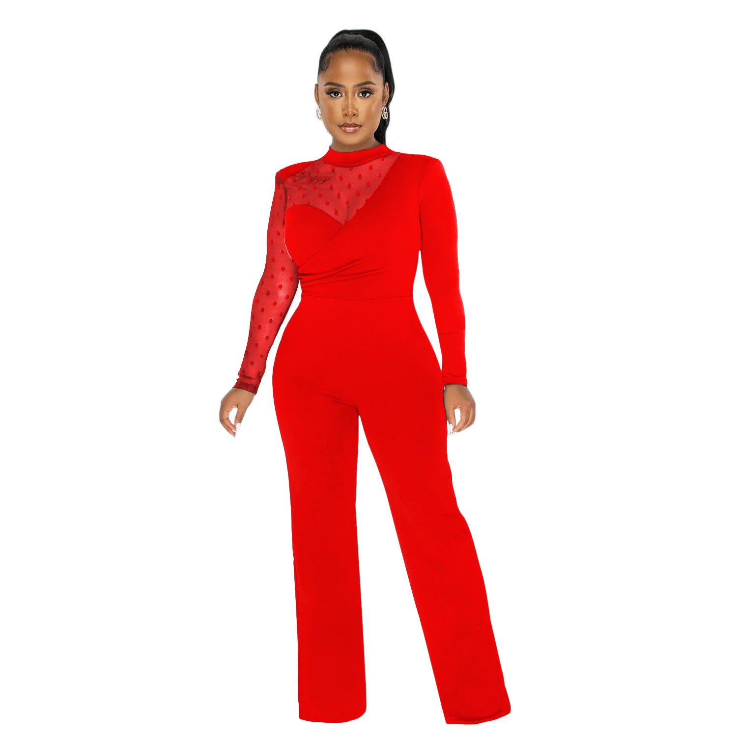 Women mesh See-Through Polka Dot Long Sleeve Jumpsuit 12