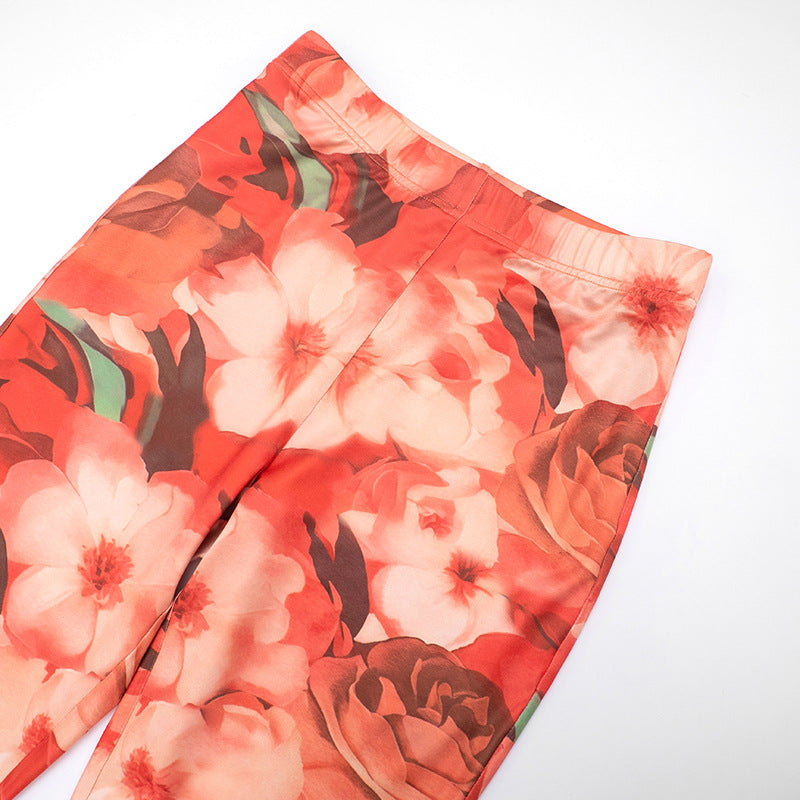 Women Fall/Winter Round Neck Floral Print Long-Sleeved Top and Pants Two-Piece Set 18