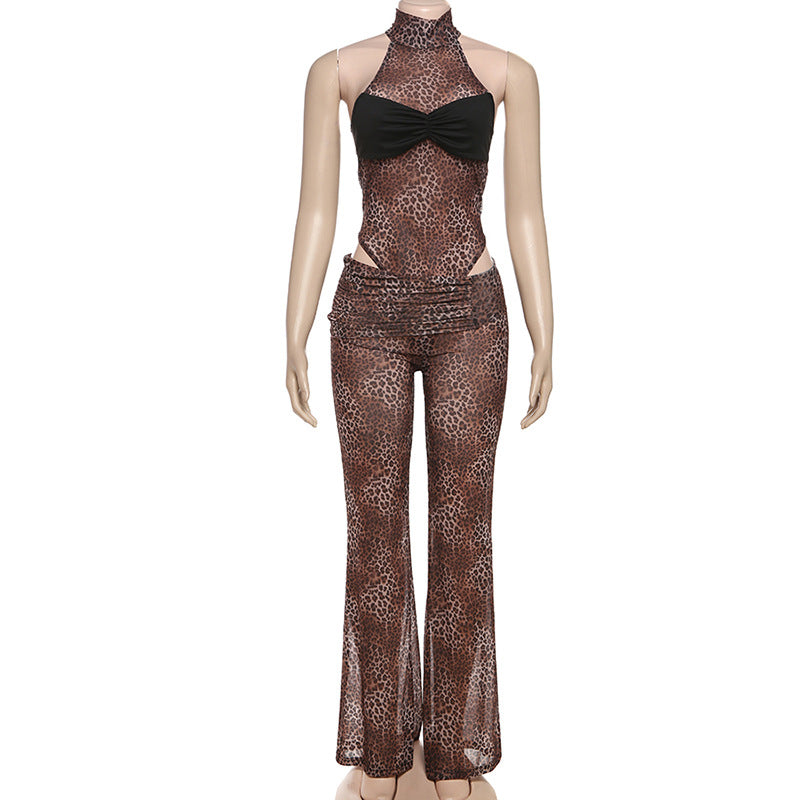 Women Spring Sexy Contrast Color Sleeveless Bodysuit and Leopard Pants Two Piece Set 7