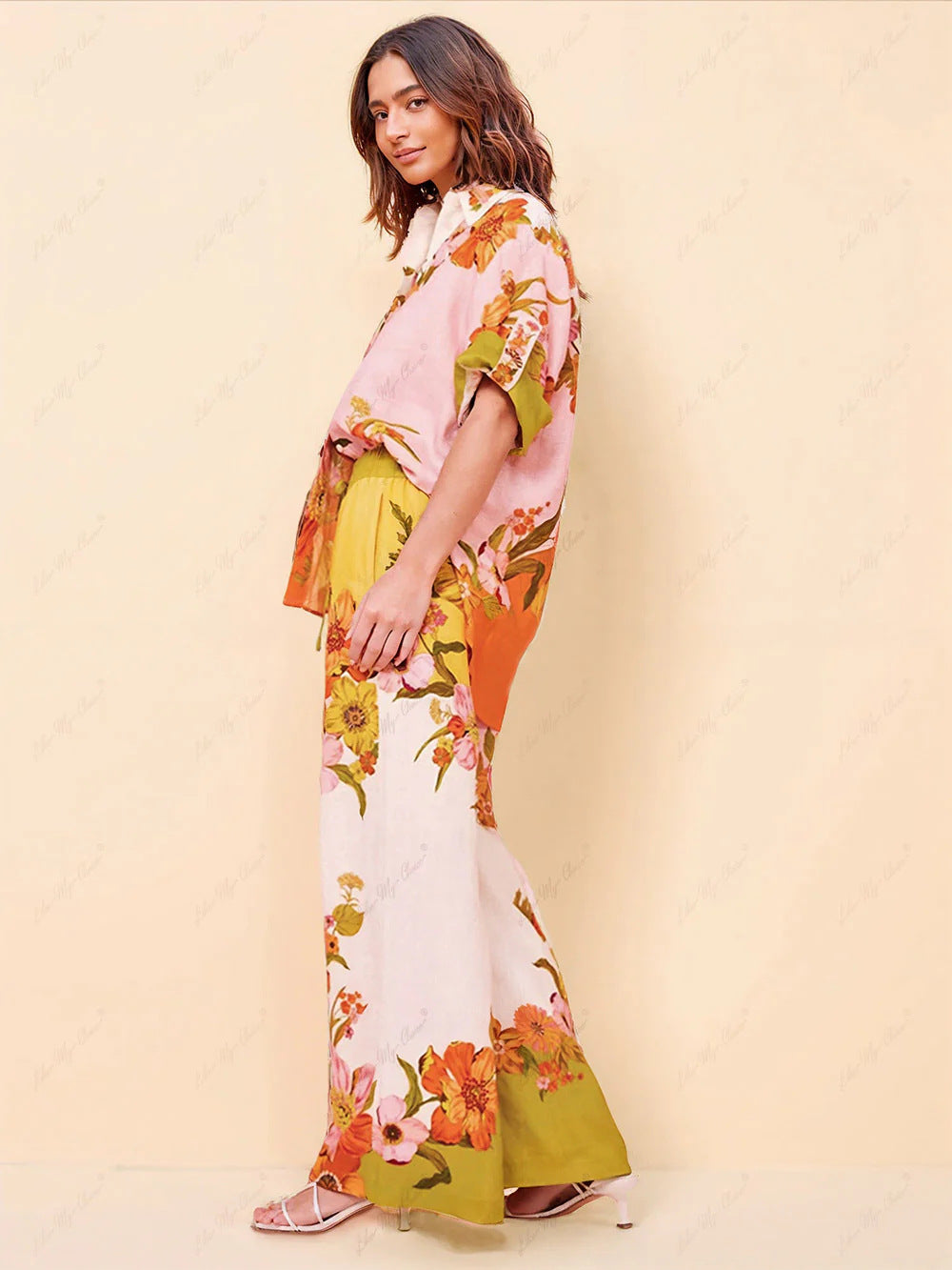 Women Floral Print Short Sleeve Color Block Casual Top and Pant Two Piece Set 4