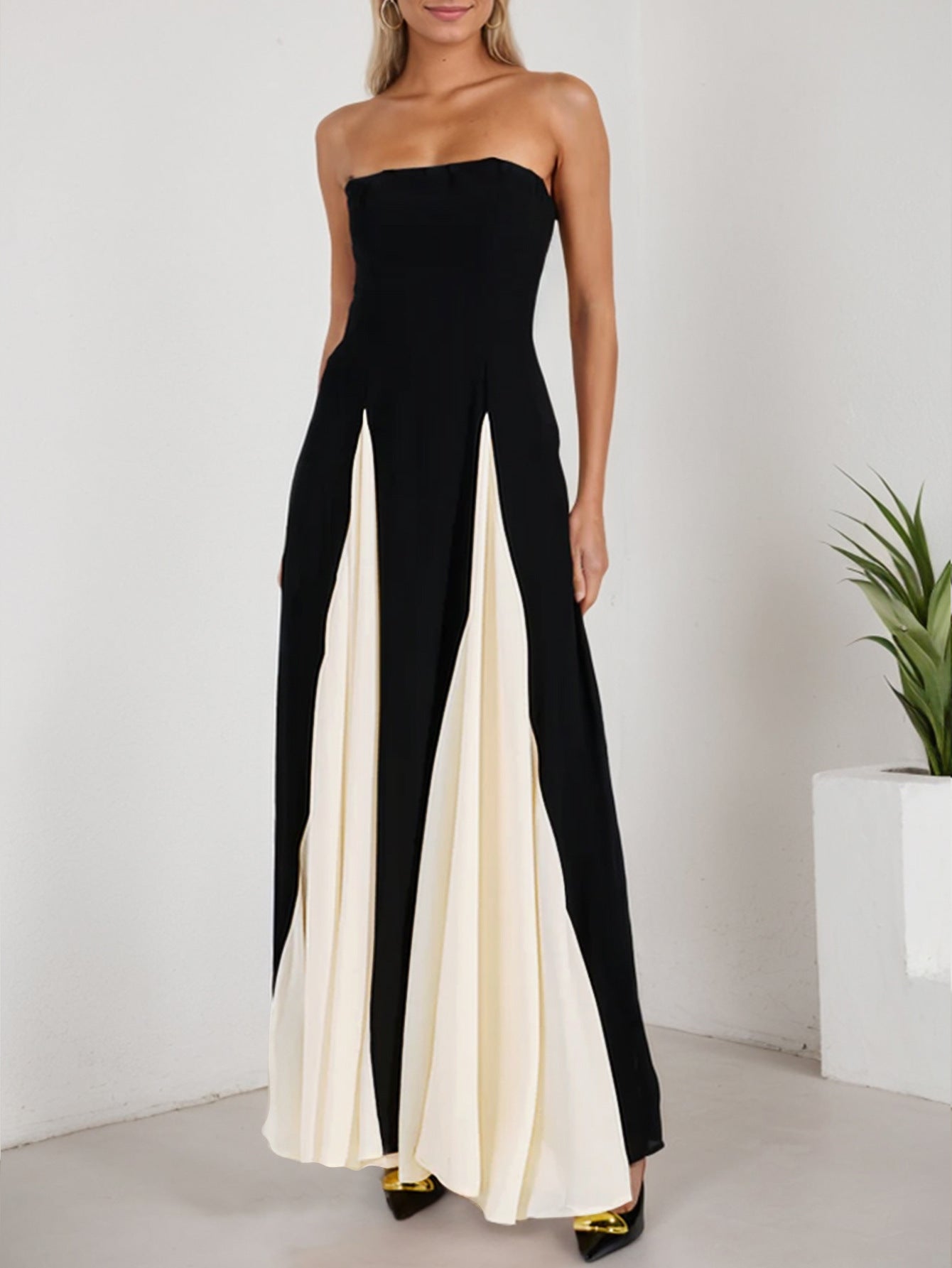 Fashionable Women's Sexy Contrast Patchwork Strapless Long Evening Dress 3