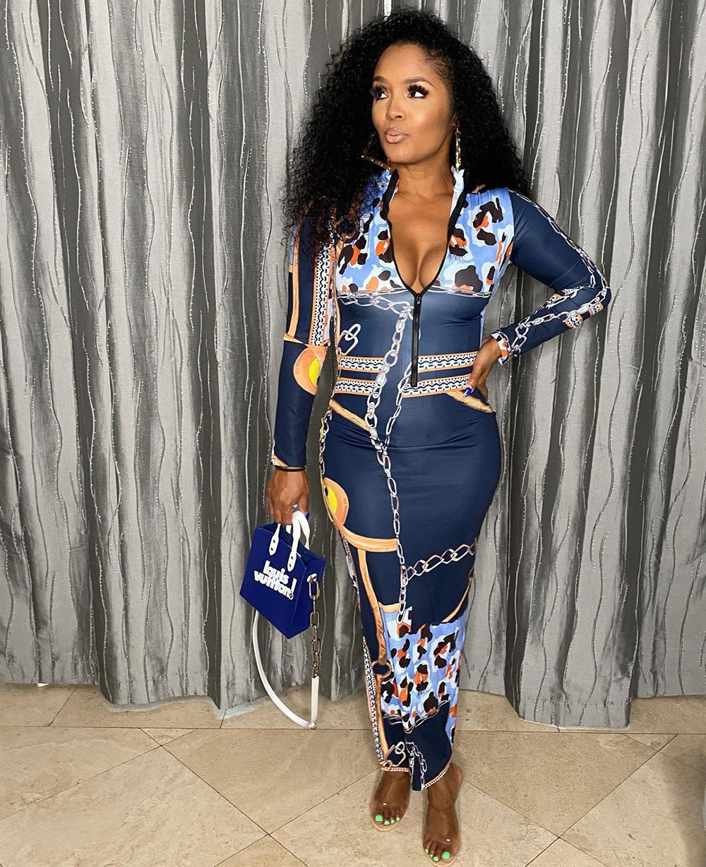 Women's Zipper Printed Long Sleeve Slim Dress With Belt 3