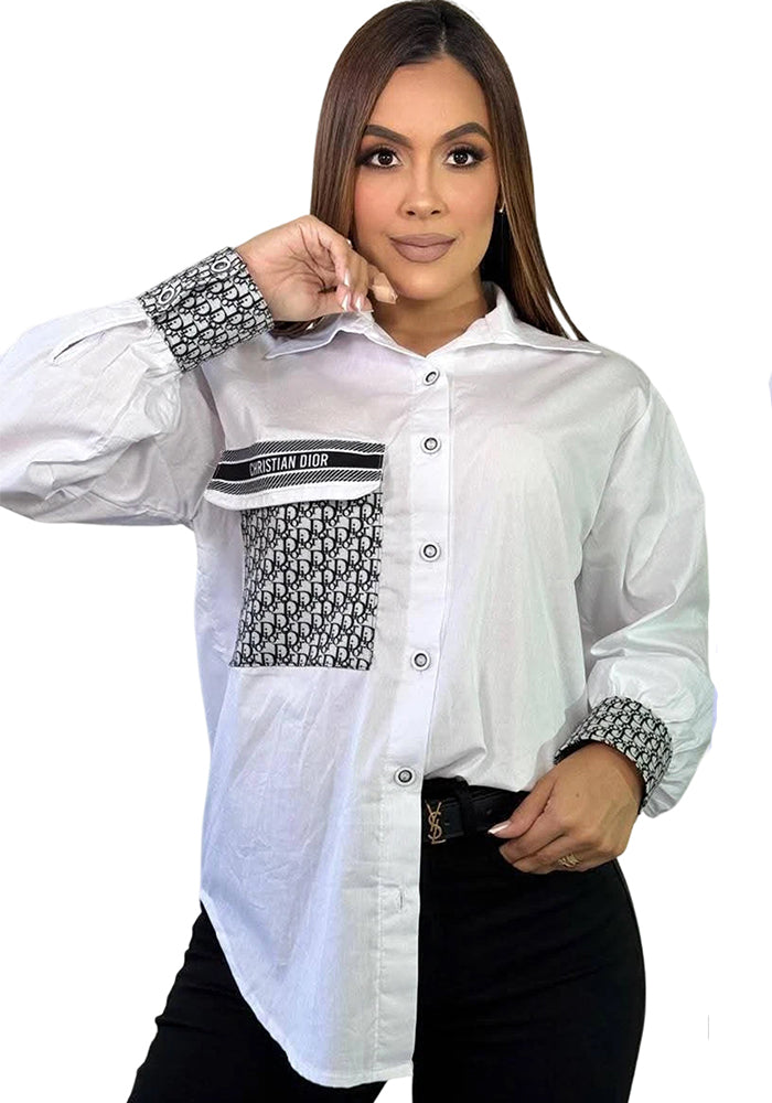 Women summer and autumn long-sleeved solid printed letter shirt (with pockets)