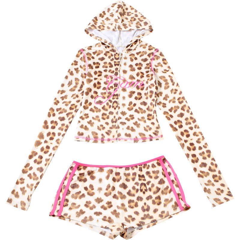 Spring and Summer Sexy Crop Slim Hooded Leopard Print Top and High Waist Shorts Two Piece Set 18