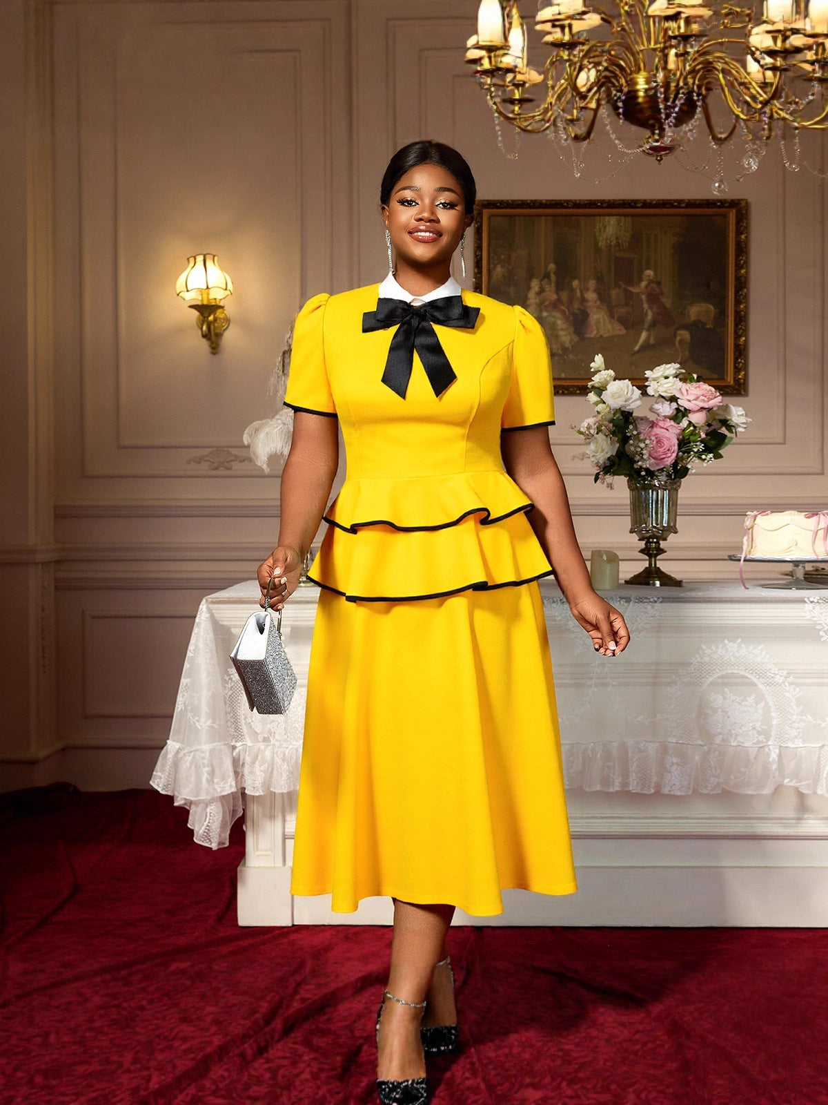 Plus-Size Women Evening Gown with a Playful Short-Sleeved Layered Ruffled Dinner Party Dress 5