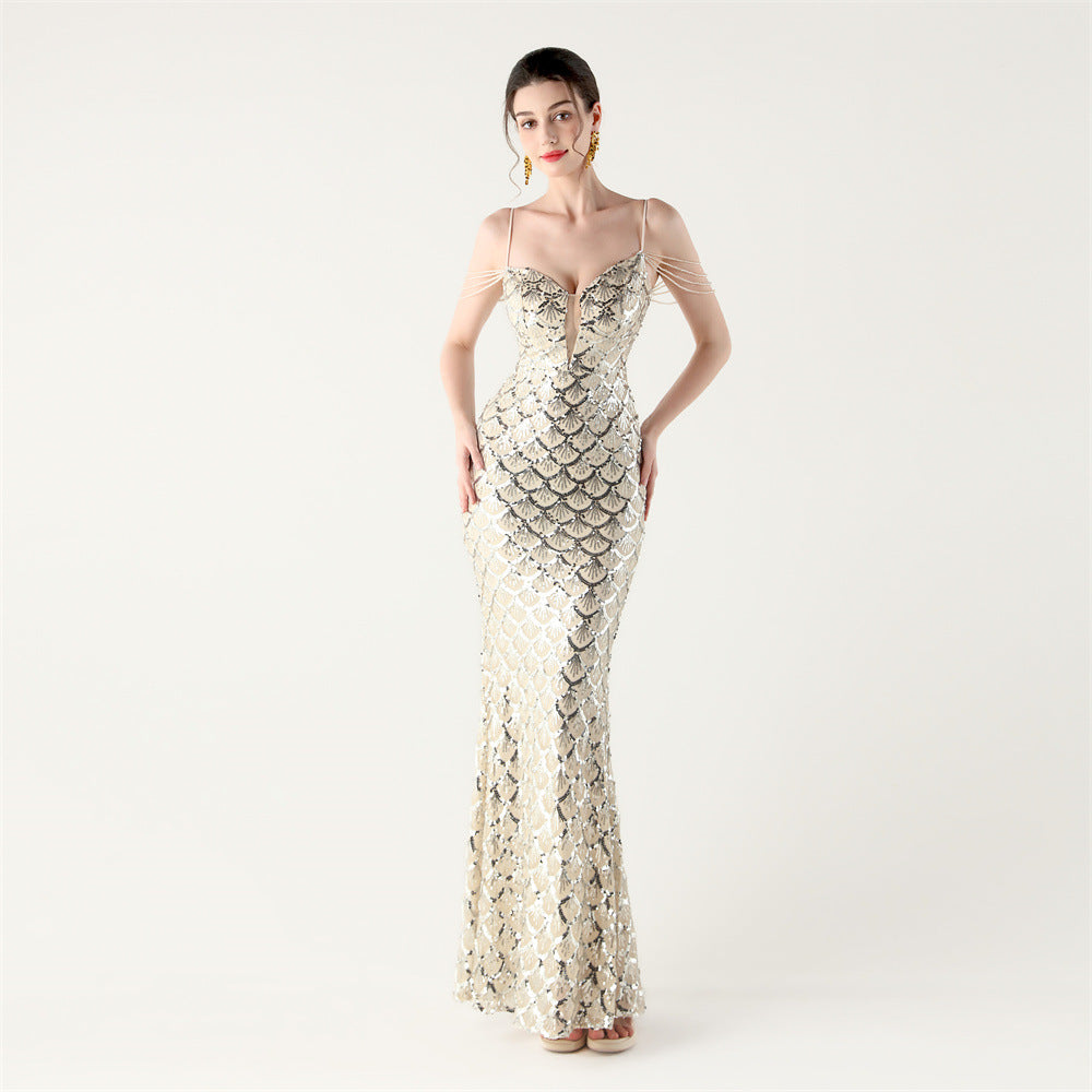 Deep V Strap Sequin Fishtail Evening Dress for Formal Occasions 16