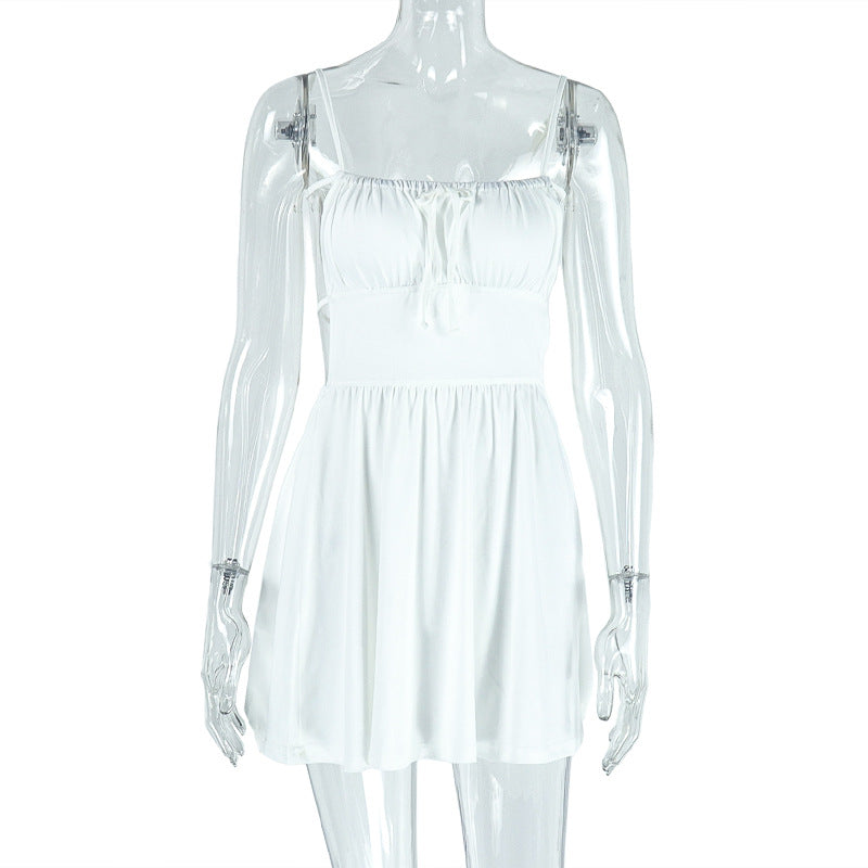 Women Pleated Solid Color Low-Back Lace-Up A-Line Short Dress 9