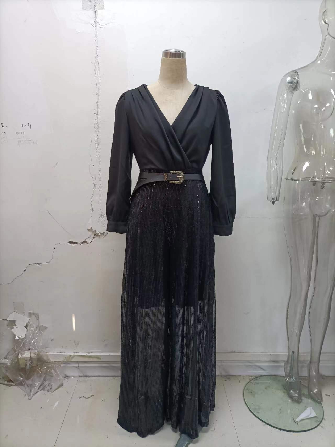 Women V-neck long-sleeved and sequined wide-leg Jumpsuit （with Belt） 5