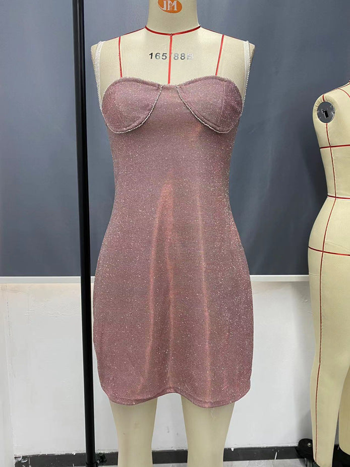 Spring And Summer Glitter Diamond Strap Mini Dress 13