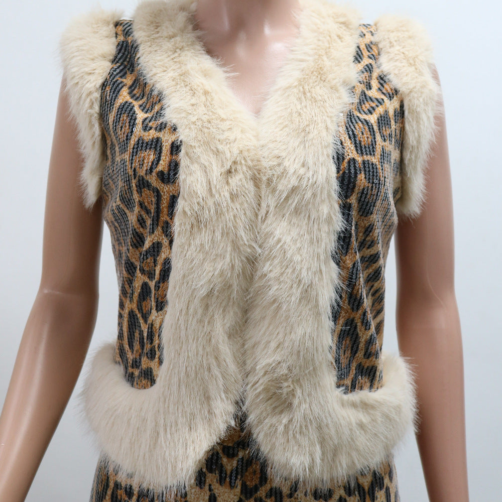 Women's Casual fashion leopard print sequins fur sleeveless top slim trousers two-piece set 10